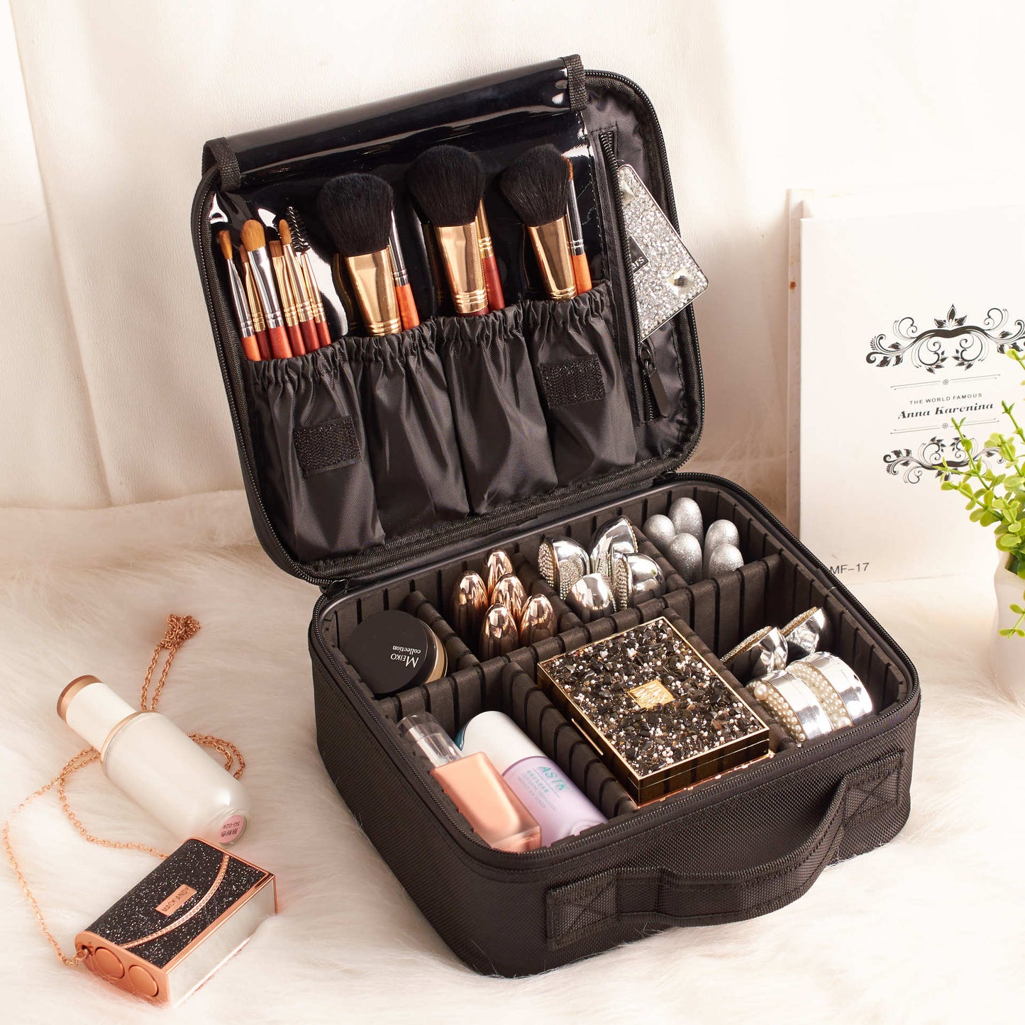 Cosmetics Bag for Women ⎜ Compact Travel Storage with Compartments and Practical Brush Holder