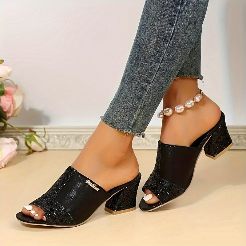 Women's Mules with Block Heel ⎜ Fashionable Sandals with Glitter Details and Open Toe Area