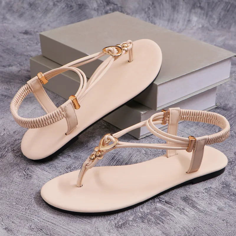 Women's Flat Toe Sandals ⎜ Comfortable Summer Shoes with Heart Decoration and Elasticated Strap for Beach & Leisure