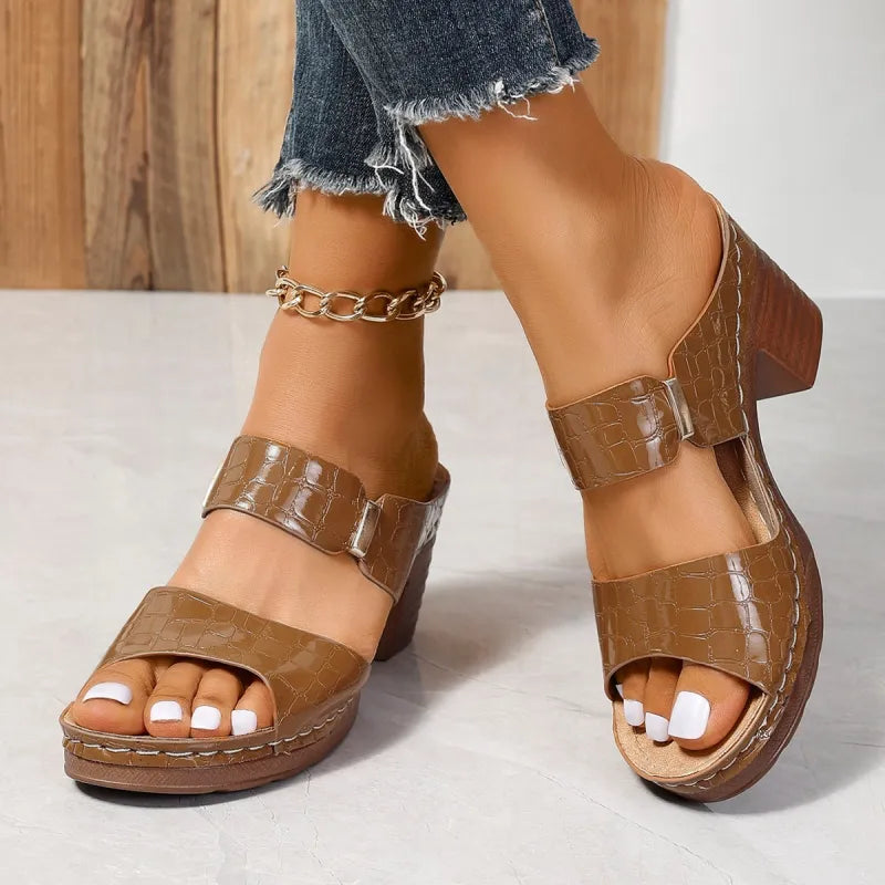 Women's Wedge Sandals ⎜ Comfortable Mules with Stone Pattern and Open Toe for Everyday Wear & Leisure