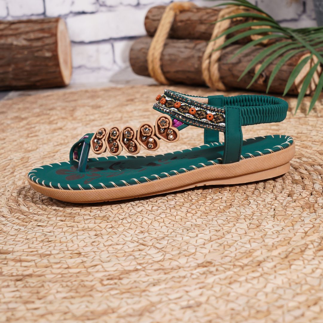Boho Sandals for Women ⎜ Comfortable Summer Shoes with Rhinestones and Toe Separators for Everyday Wear & Beach