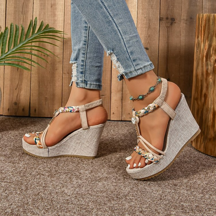 Women's Wedge Sandals ⎜ Comfortable Shoes with a Rattan Look and Sparkling Rhinestones
