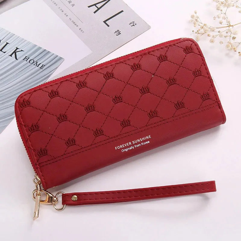 Women's Clutch with Crown Embroidery ⎜ Long Zip and Practical Design with Wrist Strap
