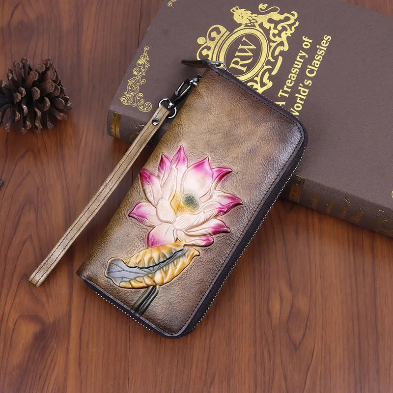 Women's Wallet with Zip ⎜ Long Design with Multiple Card Slots and Retro Floral Pattern