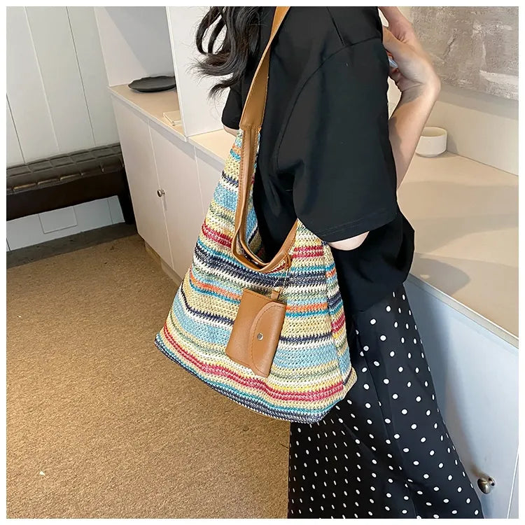 Crochet Bag for Women ⎜ Colourful Cotton Shoulder Bag with Practical Additional Pocket