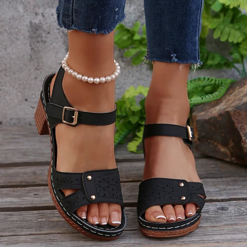 Naturvista ⎜ Women's Sandals Retro Round Open Carved Comfortable Summer Heel
