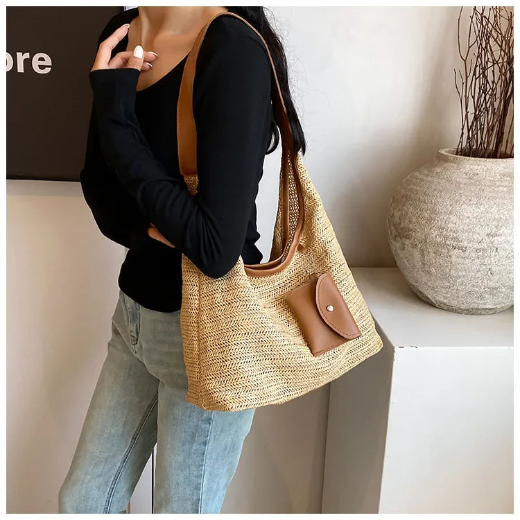 Crochet Bag for Women ⎜ Colourful Cotton Shoulder Bag with Practical Additional Pocket