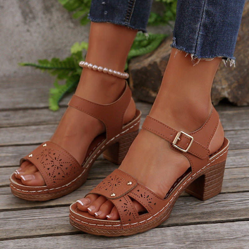 Naturvista ⎜ Women's Sandals Retro Round Open Carved Comfortable Summer Heel