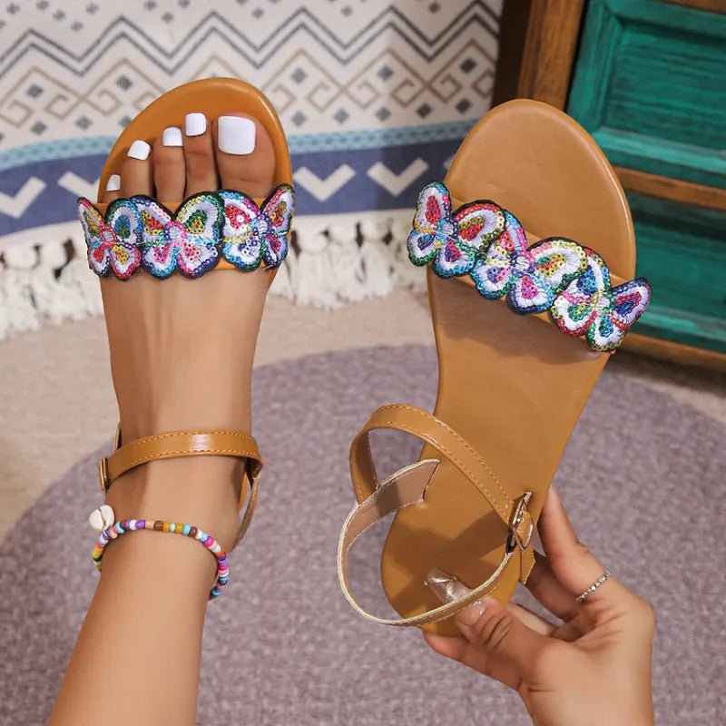 Women's Flat Sandals ⎜ Comfortable Summer Shoes with Butterfly Decor and Open Design for Beach & Leisure