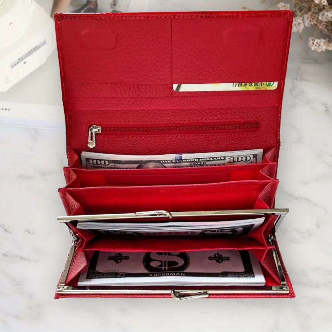 Women's Wallet in Crocodile Look ⎜ Elegant Long Wallet with Snap Fastener and Many Compartments