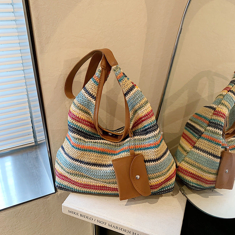 Crochet Bag for Women ⎜ Colourful Cotton Shoulder Bag with Practical Additional Pocket