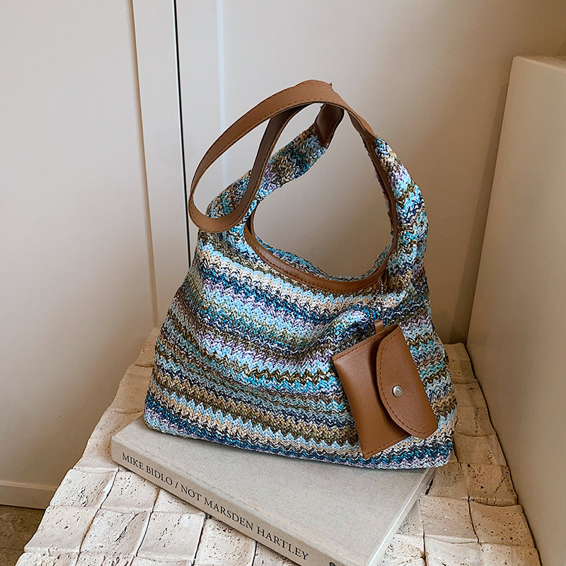 Crochet Bag for Women ⎜ Colourful Cotton Shoulder Bag with Practical Additional Pocket