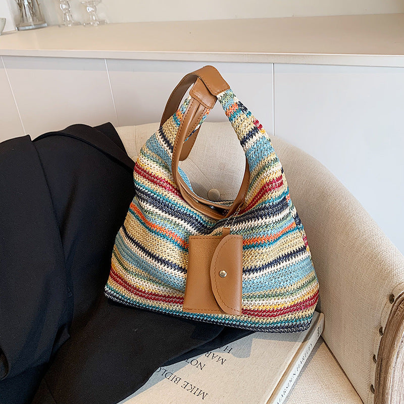 Crochet Bag for Women ⎜ Colourful Cotton Shoulder Bag with Practical Additional Pocket