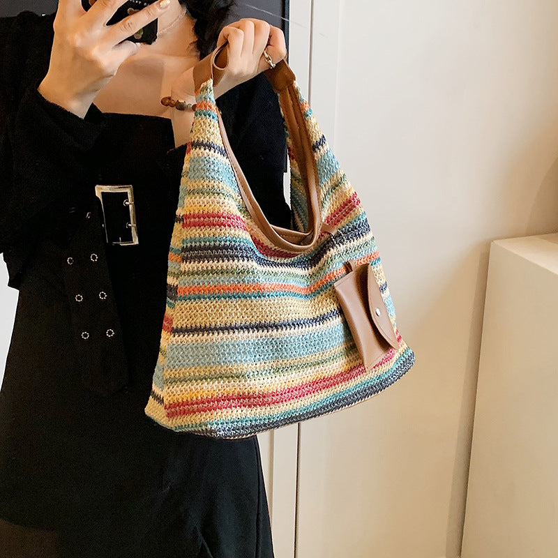 Crochet Bag for Women ⎜ Colourful Cotton Shoulder Bag with Practical Additional Pocket