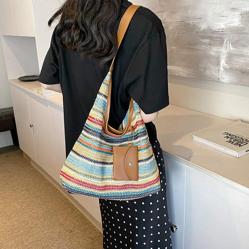Crochet Bag for Women ⎜ Colourful Cotton Shoulder Bag with Practical Additional Pocket