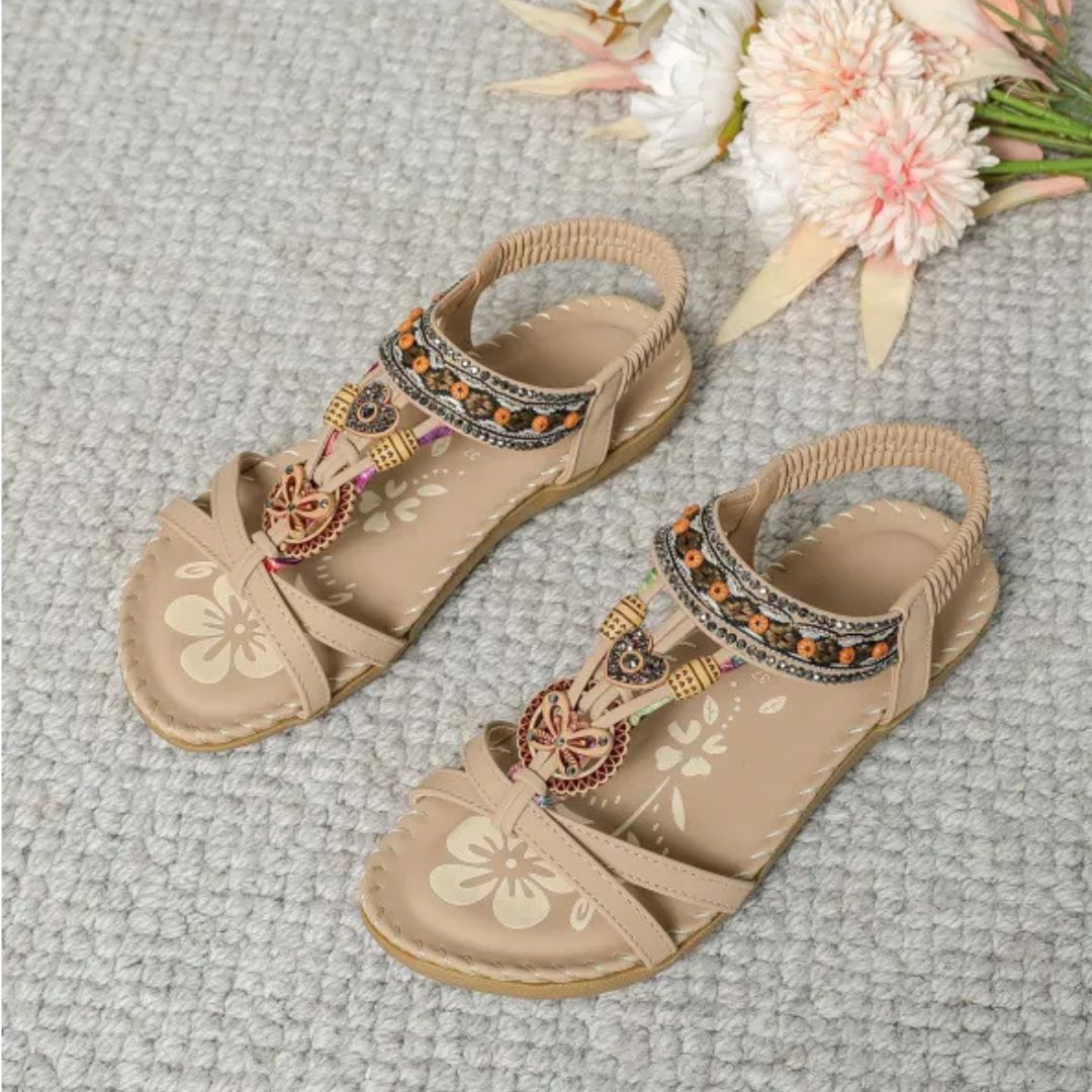 Women's Flat Sandals ⎜ Comfortable Summer Shoes with Floral and Rhinestone Decor for Everyday Wear & Beach