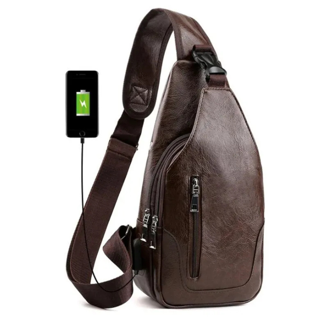 Leather Chest Bag for Men ⎜ Vintage Crossbody Design with Usb Port and Multiple Zip Compartments