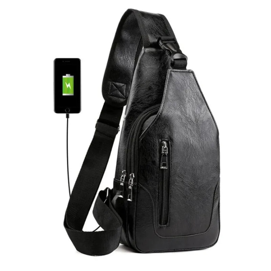Leather Chest Bag for Men ⎜ Vintage Crossbody Design with Usb Port and Multiple Zip Compartments