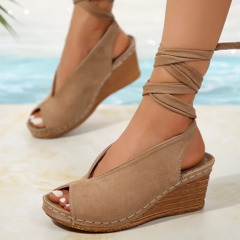 Women's Wedge Sandals with Laces ⎜ Comfortable Summer Shoes with a Round Toe and Open Toe Section