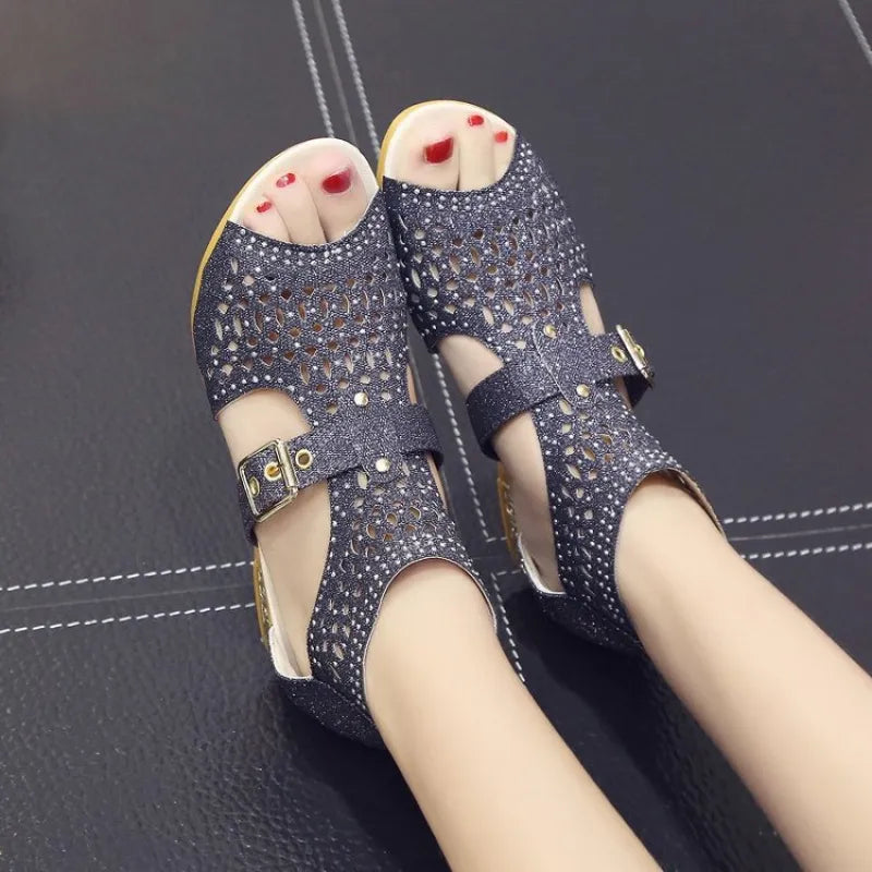 Women's Wedge Sandals ⎜ Comfortable Summer Shoes with Rhinestones , Cut - Out Design and Adjustable Buckle