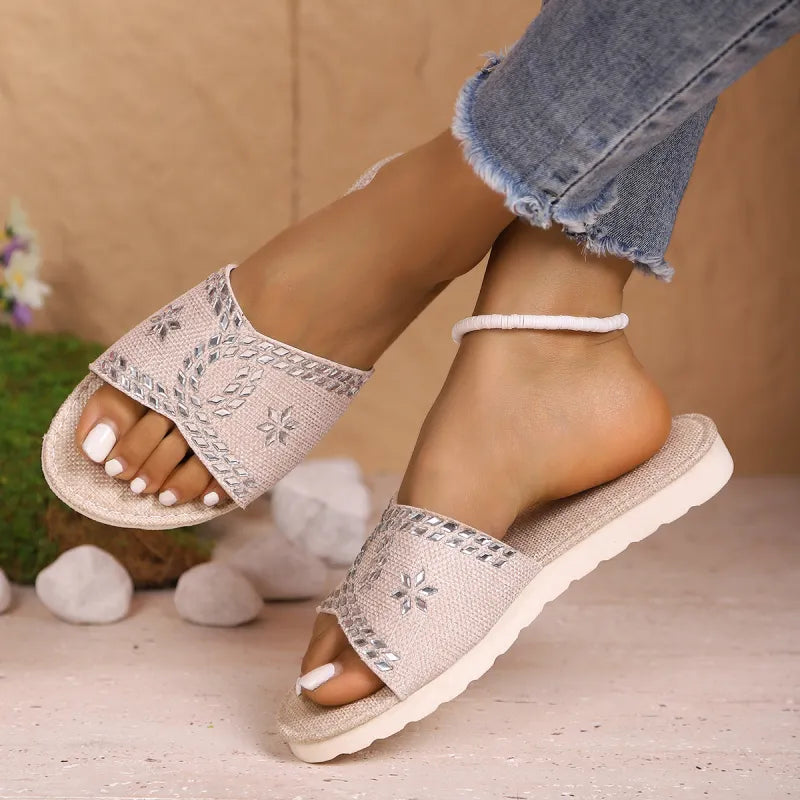 Platform Sandals for Women ⎜ Comfortable Canvas Summer Shoes with Glitter Details and a Round Toe