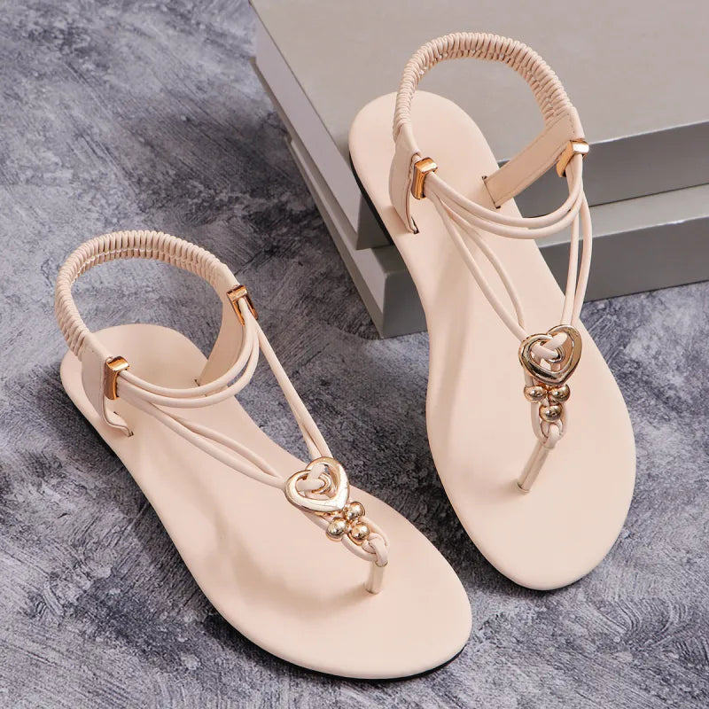 Women's Flat Toe Sandals ⎜ Comfortable Summer Shoes with Heart Decoration and Elasticated Strap for Beach & Leisure