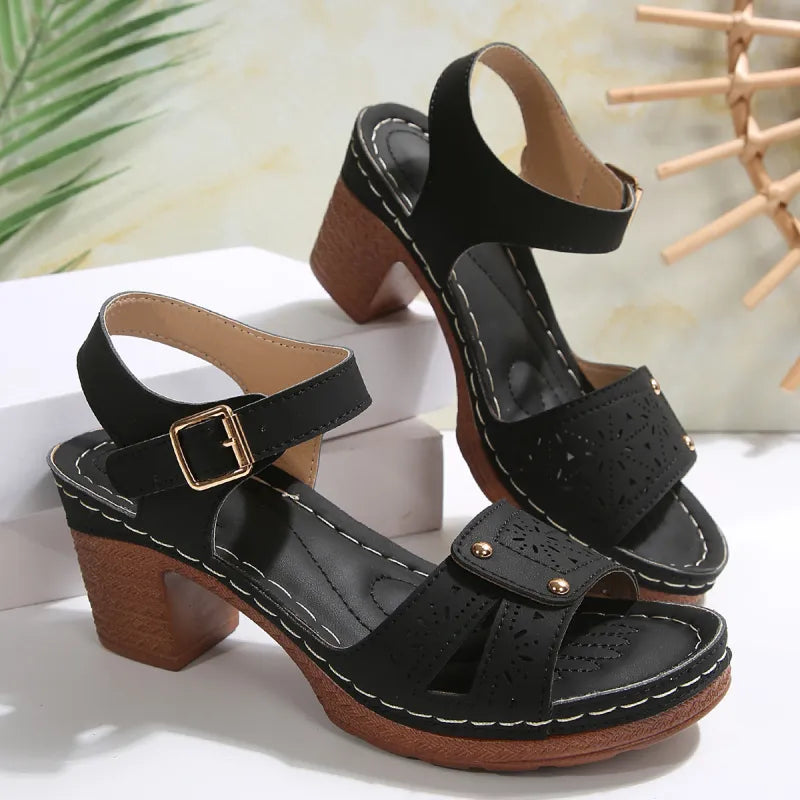 Naturvista ⎜ Women's Sandals Retro Round Open Carved Comfortable Summer Heel