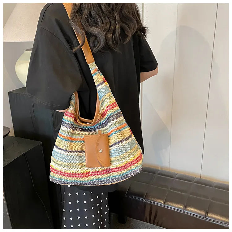 Crochet Bag for Women ⎜ Colourful Cotton Shoulder Bag with Practical Additional Pocket
