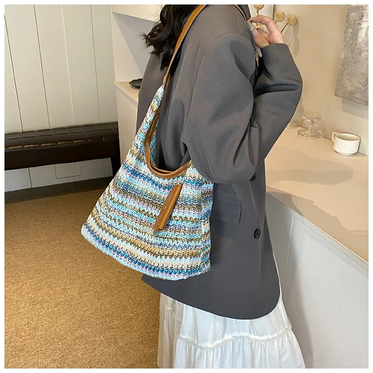 Crochet Bag for Women ⎜ Colourful Cotton Shoulder Bag with Practical Additional Pocket