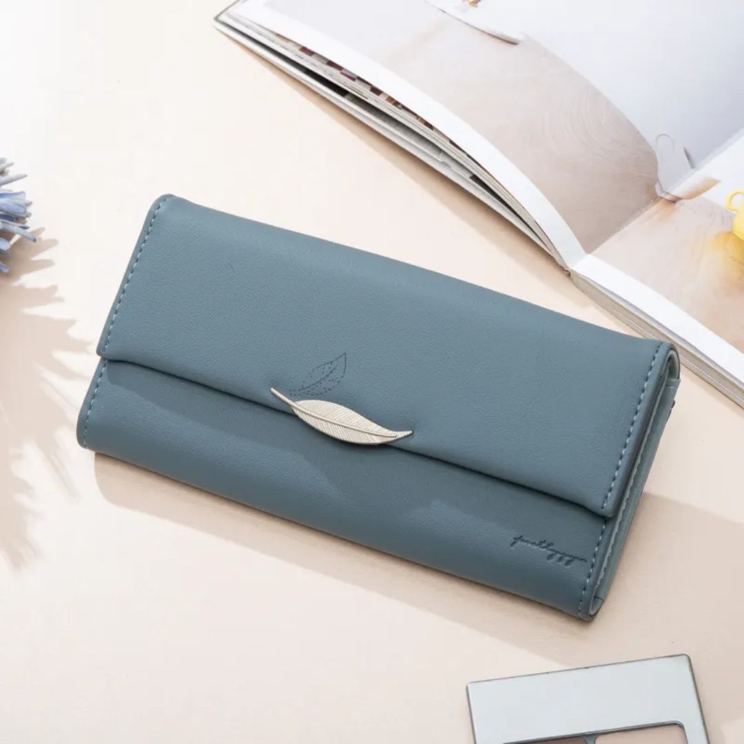 Women's Long Wallet with Leaf Clasp ⎜ Simple Wallet with Card Slots and Note Compartment
