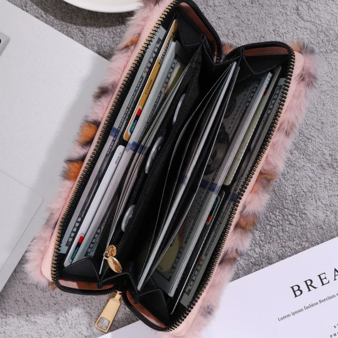 Women's Wallet with Zip ⎜ Fluffy Leopard Look with Card and Coin Compartment