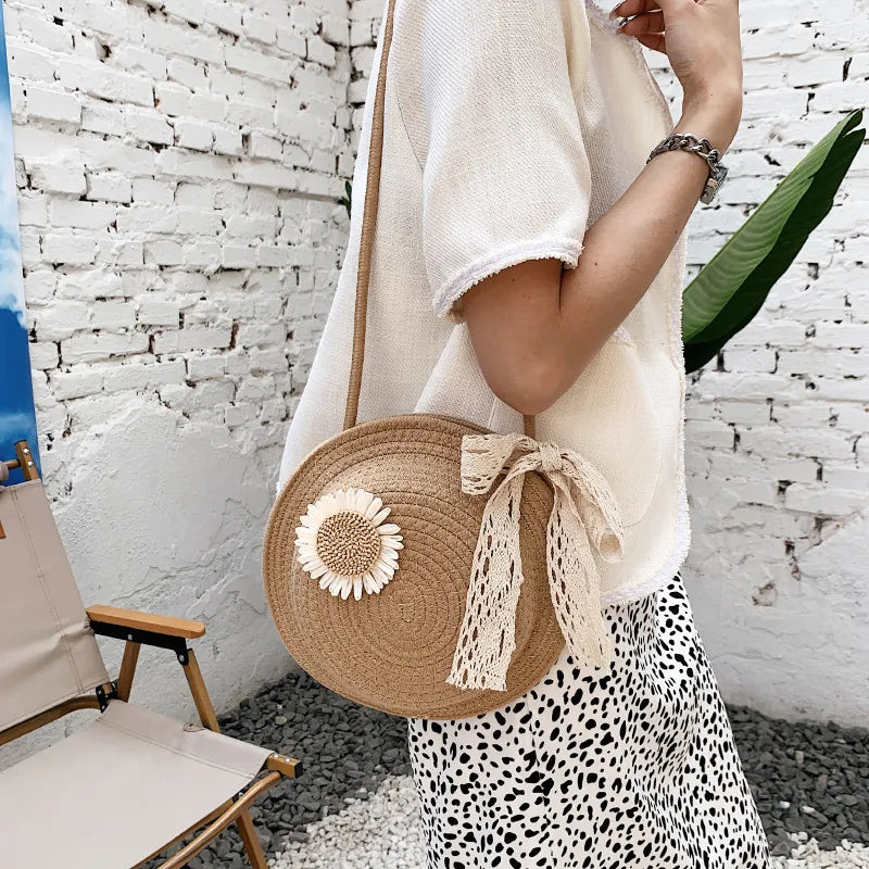 Women's Basket Bag ⎜ Handmade Shoulder Bag Made From Straw Wire with a Playful Floral Design
