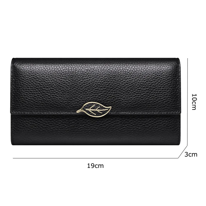 Women's Cowhide Leather Wallet ⎜ Long Design with Elegant Leaf Embellishment and Practical Clasp