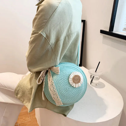 Women's Basket Bag ⎜ Handmade Shoulder Bag Made From Straw Wire with a Playful Floral Design