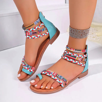 Flat Sandals for Women ⎜ Ethnic Style with Colourful Braided Straps and Zip