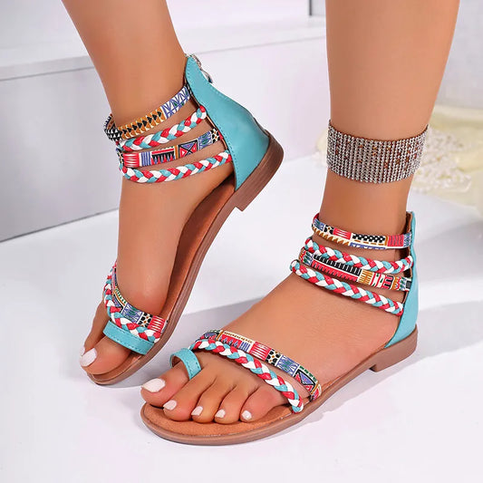 Flat Sandals for Women ⎜ Ethnic Style with Colourful Braided Straps and Zip