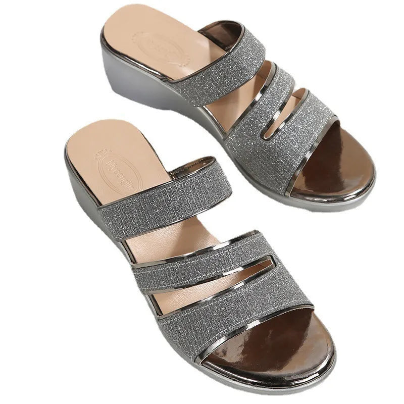 Women's Wedge Sandals with Glitter Straps ⎜ Elegant Summer Shoes with a Comfortable Heel and Non - Slip Sole