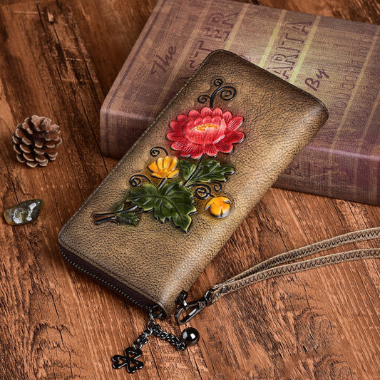 Women's Wallet with Zip ⎜ Retro Design with Floral Embossing and Practical Wrist Strap