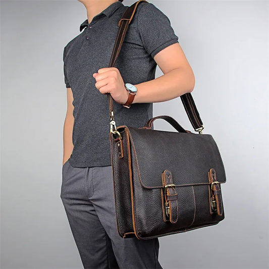 Laptop Bag for Men ⎜ Retro Briefcase Made of Genuine Leather with Practical Compartments and Shoulder Strap