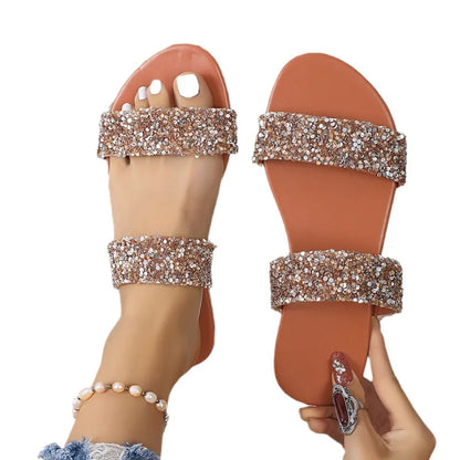 Women's Flat Slip - on Shoes ⎜ Comfortable Summer Shoes with Double Straps and Glitter Decor for Everyday Wear & Leisure