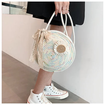 Women's Basket Bag ⎜ Handmade Shoulder Bag Made From Straw Wire with a Playful Floral Design