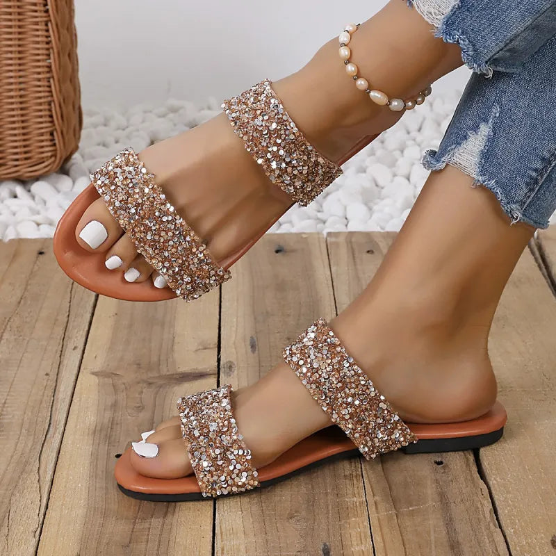 Women's Flat Slip - on Shoes ⎜ Comfortable Summer Shoes with Double Straps and Glitter Decor for Everyday Wear & Leisure