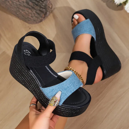 Women's Platform Sandals ⎜ Comfortable Summer Shoes with Elasticated Straps and High Wedge Heel