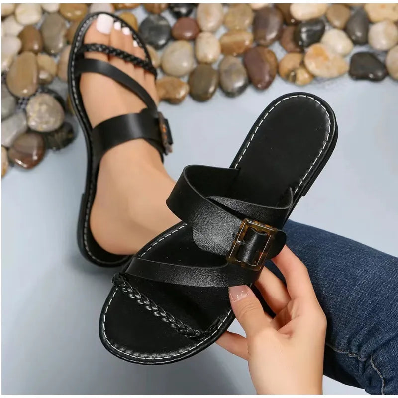 Women's Flat Slip - on Shoes ⎜ Comfortable Summer Shoes with Braided Strap and Adjustable Buckle
