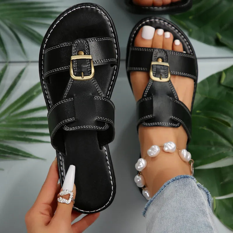 Flat Sandals for Women ⎜ Comfortable Shoes with Square Buckle and Adjustable Strap