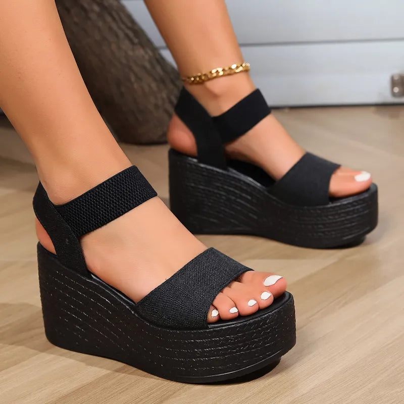 Women's Platform Sandals ⎜ Comfortable Summer Shoes with Elasticated Straps and High Wedge Heel