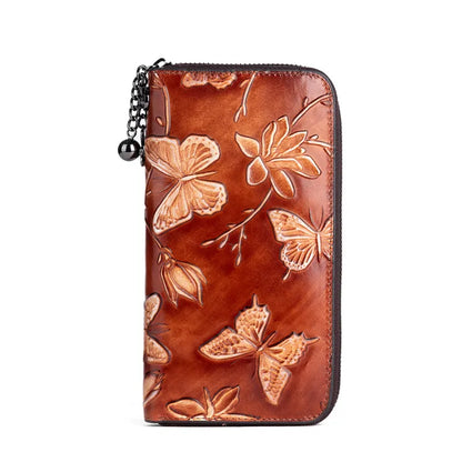 Women's Clutch with Zip ⎜ Vintage Design with Floral Embossing and Practical Wrist Strap