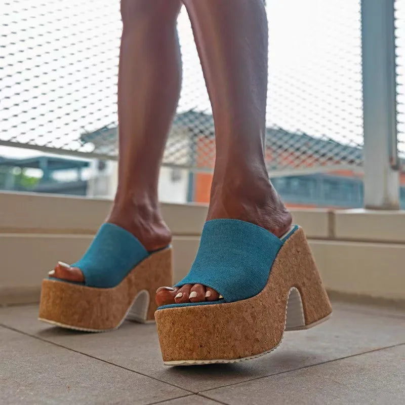 Women's Platform Mules with Block Heel ⎜ Fashionable Summer Shoes with Cork Sole and Open Toe Area