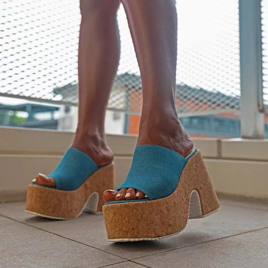 Women's Platform Mules with Block Heel ⎜ Fashionable Summer Shoes with Cork Sole and Open Toe Area