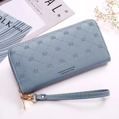 Women's Clutch with Crown Embroidery ⎜ Long Zip and Practical Design with Wrist Strap